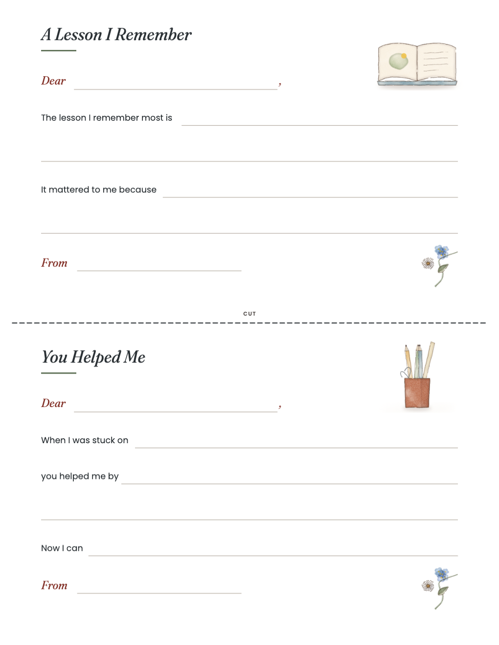 Two fill-in thank-you cards: A Lesson I Remember and You Helped Me