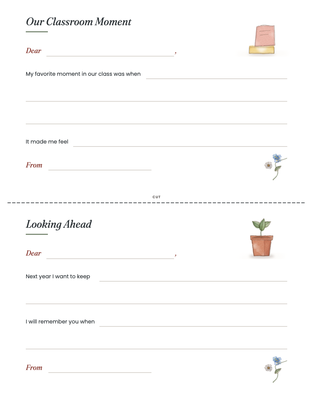 Two fill-in thank-you cards: Our Classroom Moment and Looking Ahead