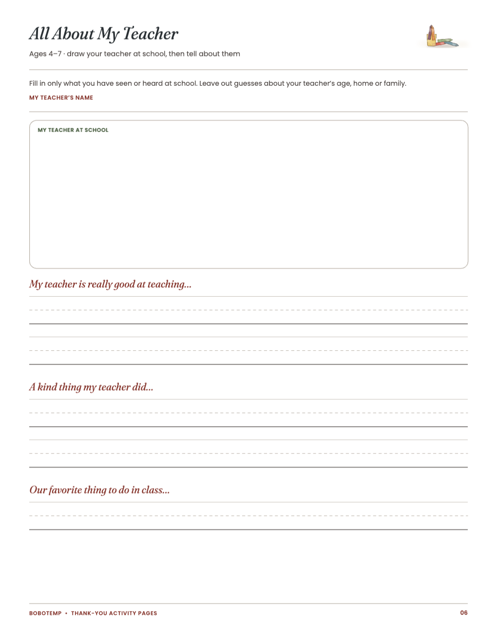 All About My Teacher, draw-and-tell version for ages 4–7