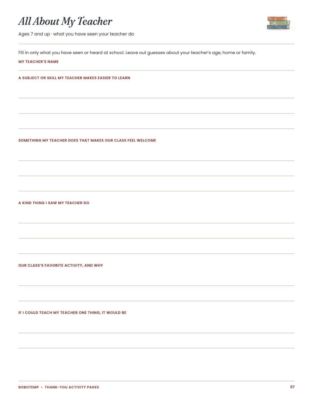 All About My Teacher, writing version for ages 7 and up