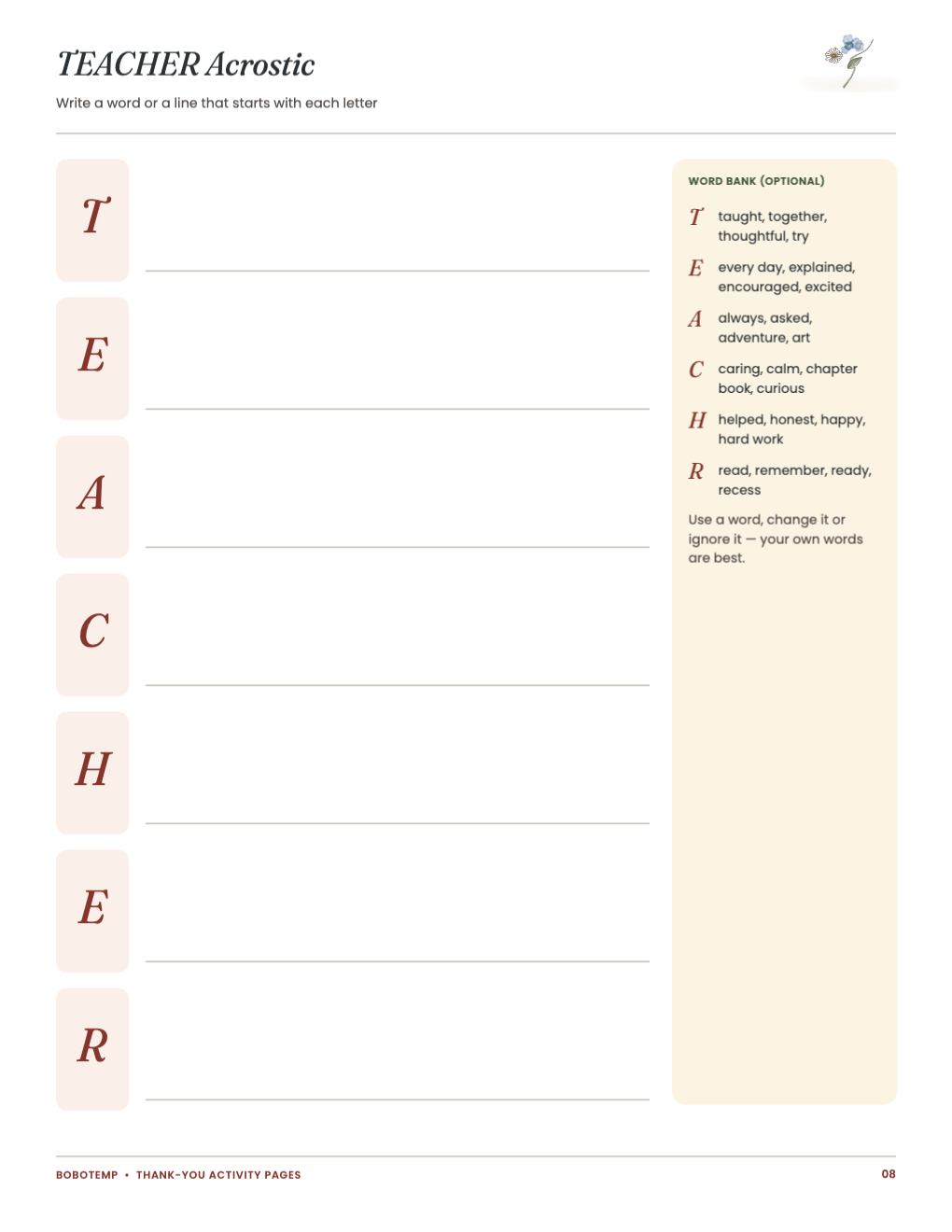 TEACHER acrostic poem with an optional word bank