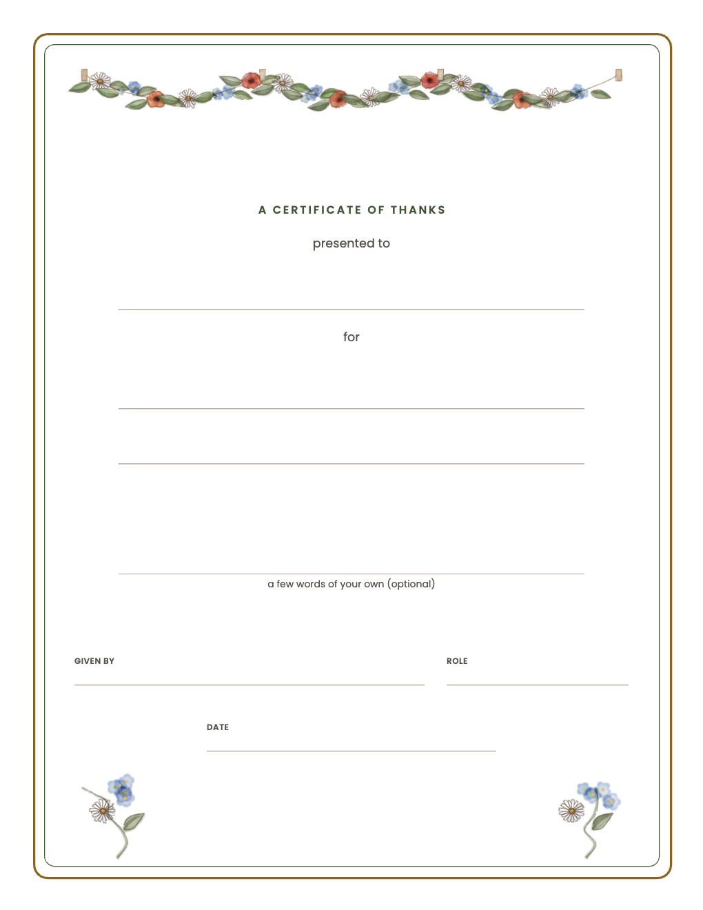 Blank certificate of thanks with lines to name the contribution