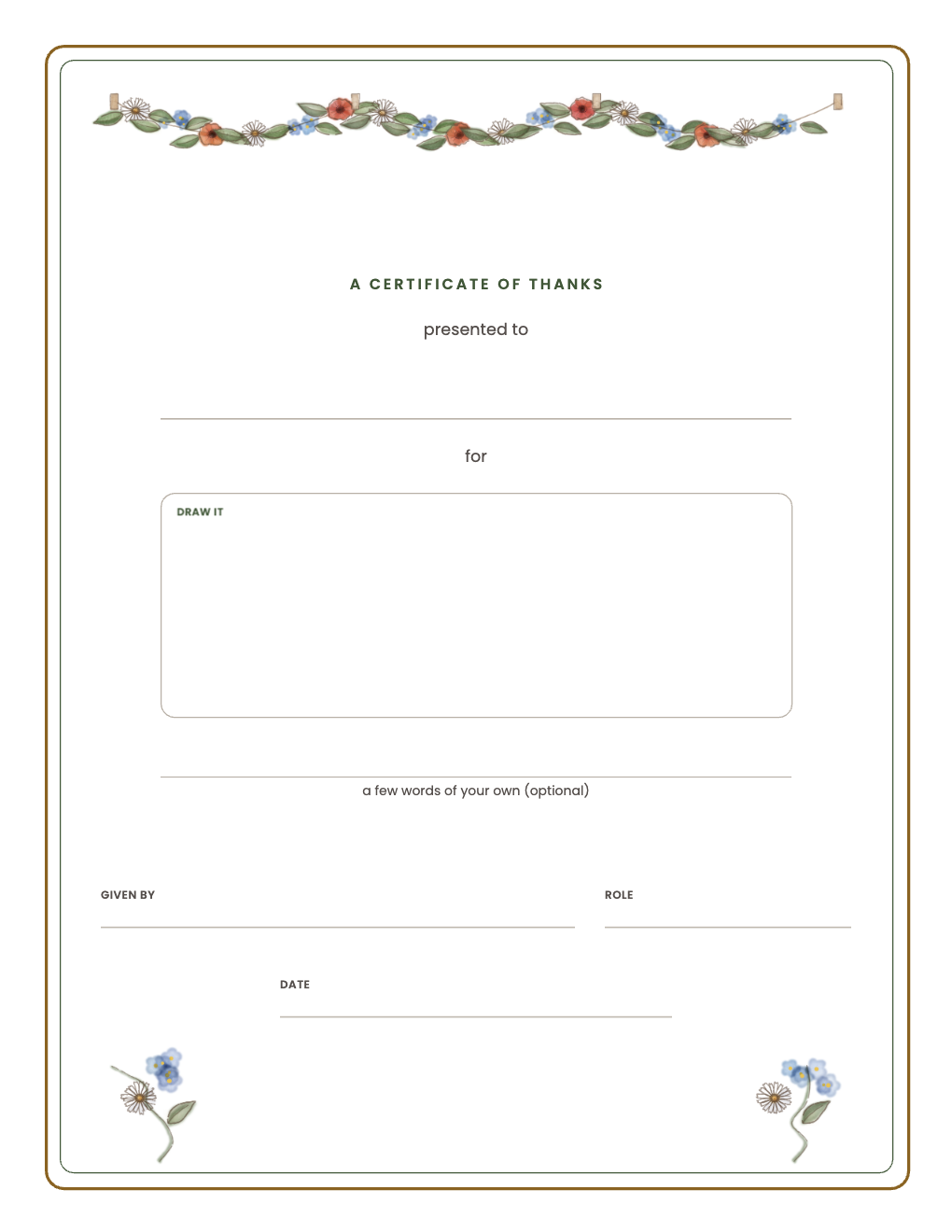 Certificate of thanks with a box to draw the contribution