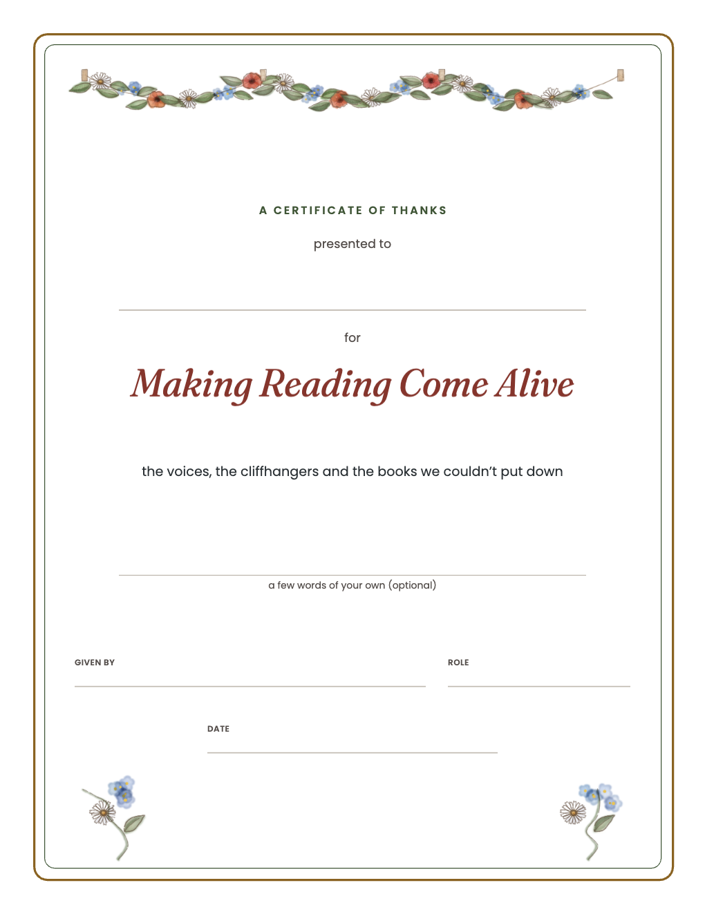 Certificate of thanks for Making Reading Come Alive