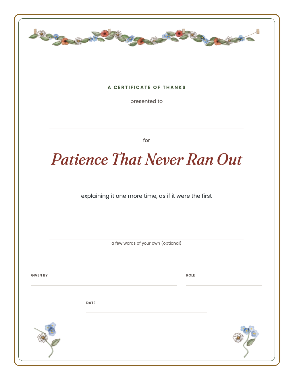 Certificate of thanks for Patience That Never Ran Out