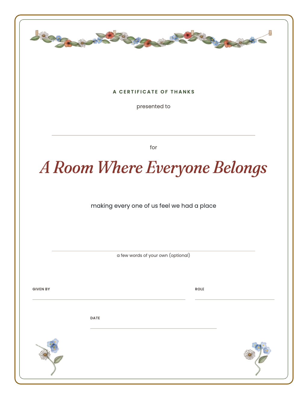 Certificate of thanks for A Room Where Everyone Belongs