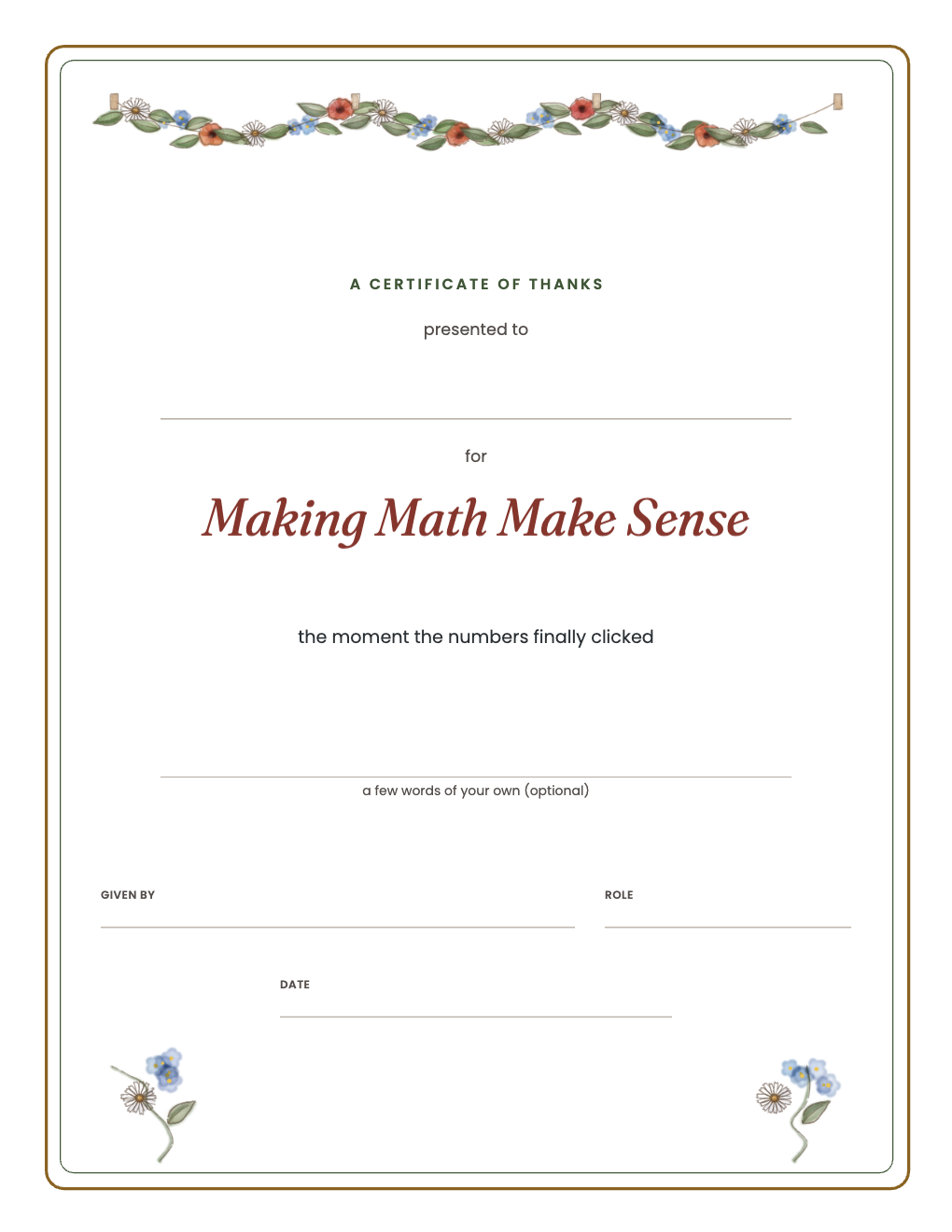 Certificate of thanks for Making Math Make Sense