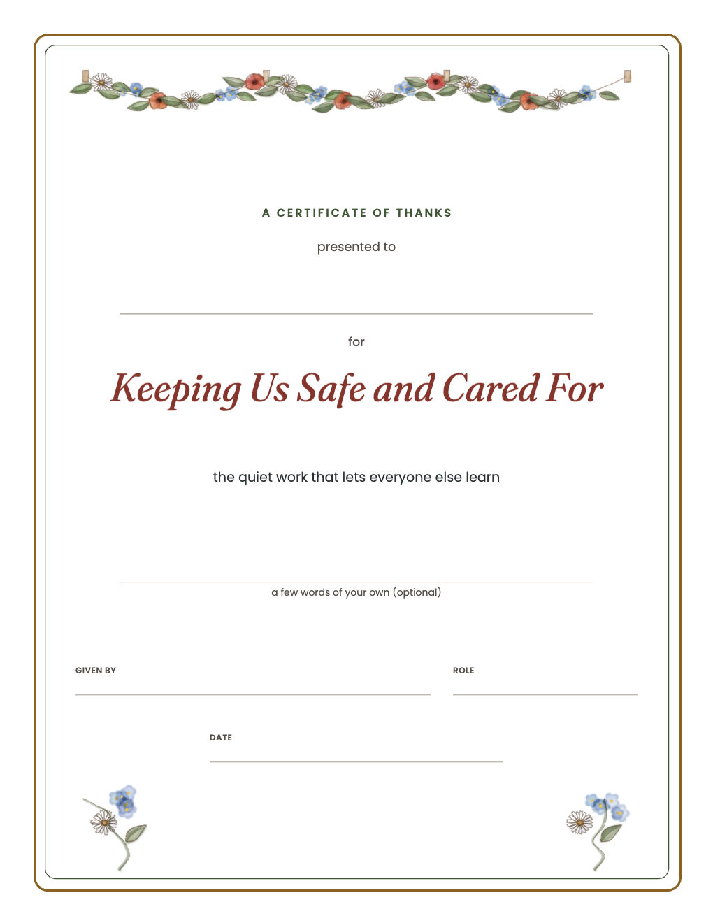 Certificate of thanks for Keeping Us Safe and Cared For