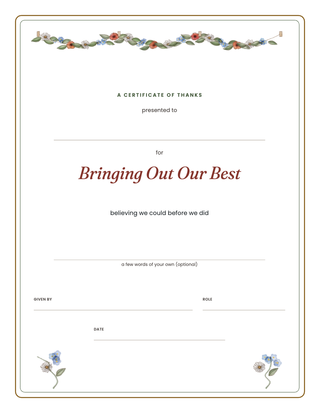 Certificate of thanks for Bringing Out Our Best
