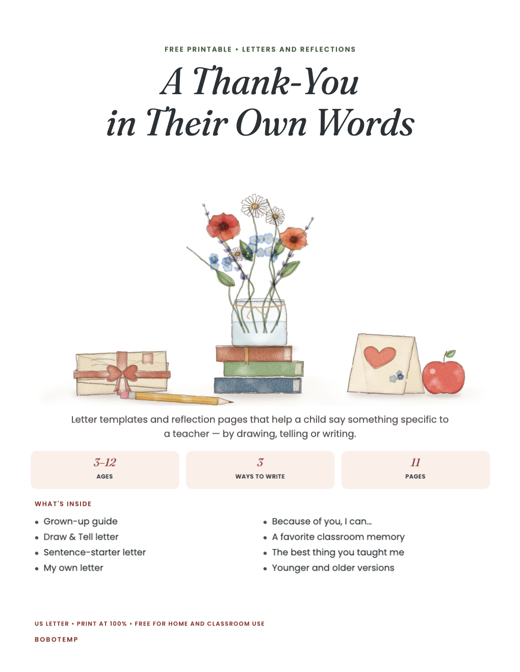 A Thank-You in Their Own Words cover with a painted jar of flowers, books, a card and an apple