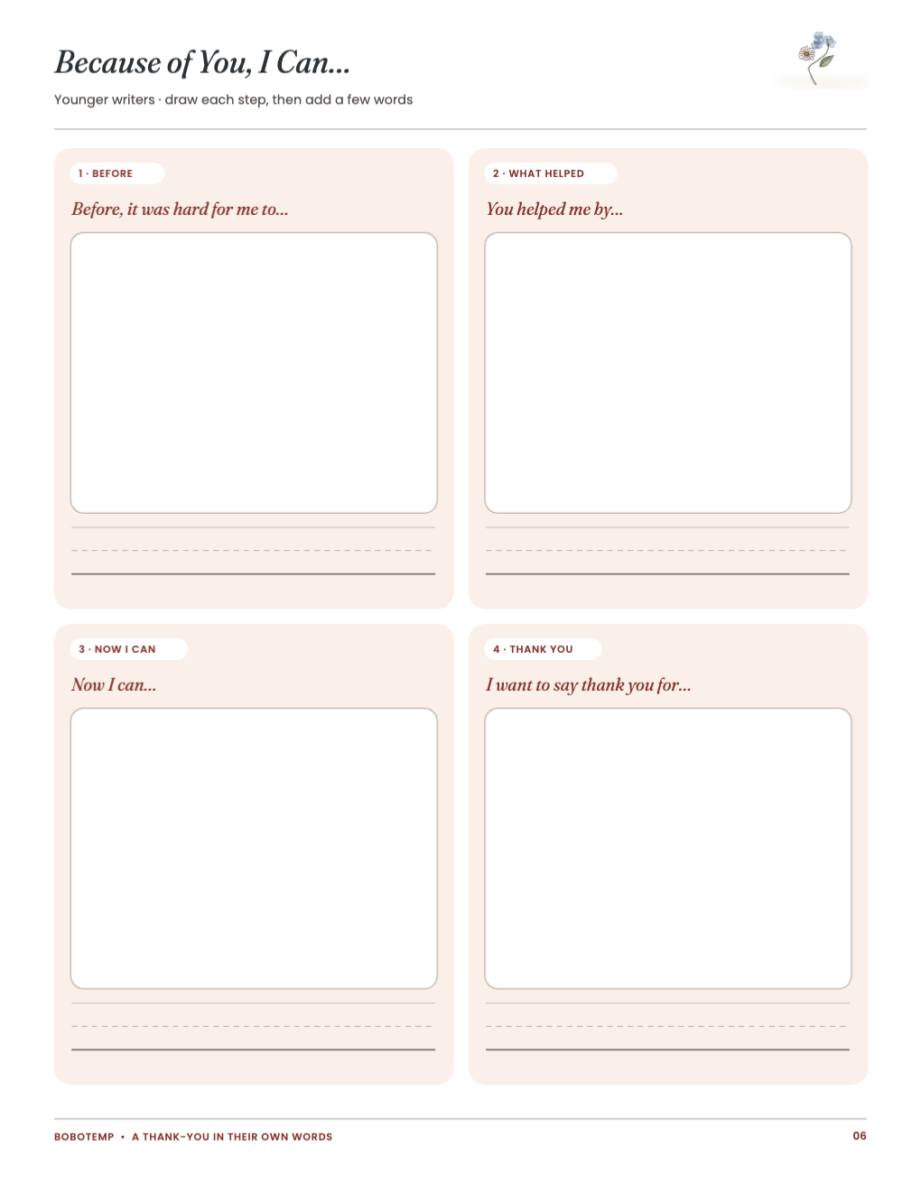 Because of You, I Can… for younger writers: four draw-and-write boxes