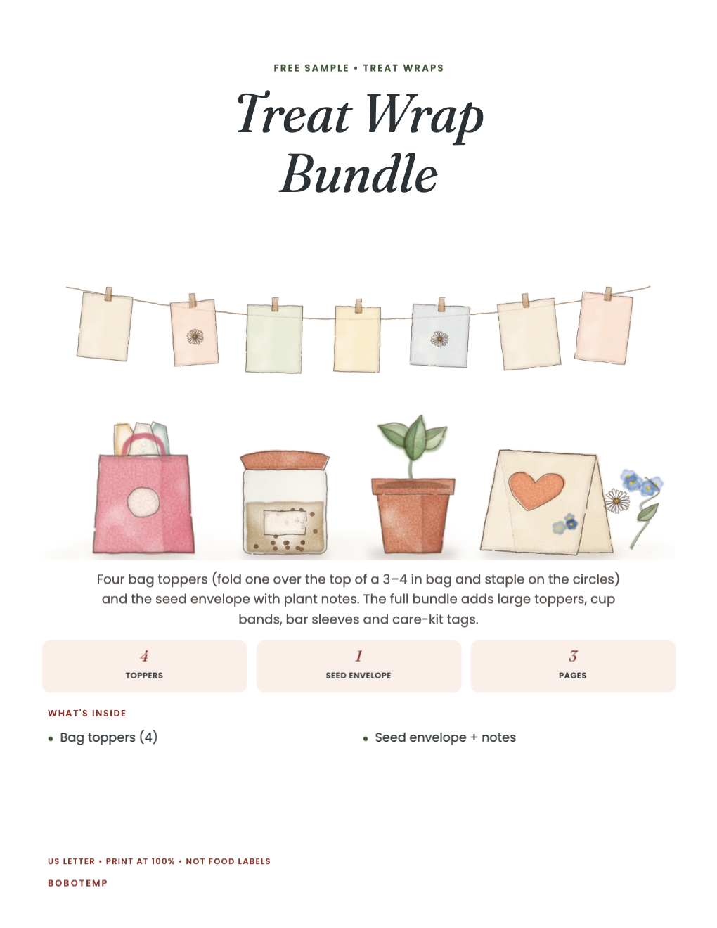 Treat Wrap Bundle sampler cover with painted pinned tags, a gift bag, a seed jar, a seedling and a card