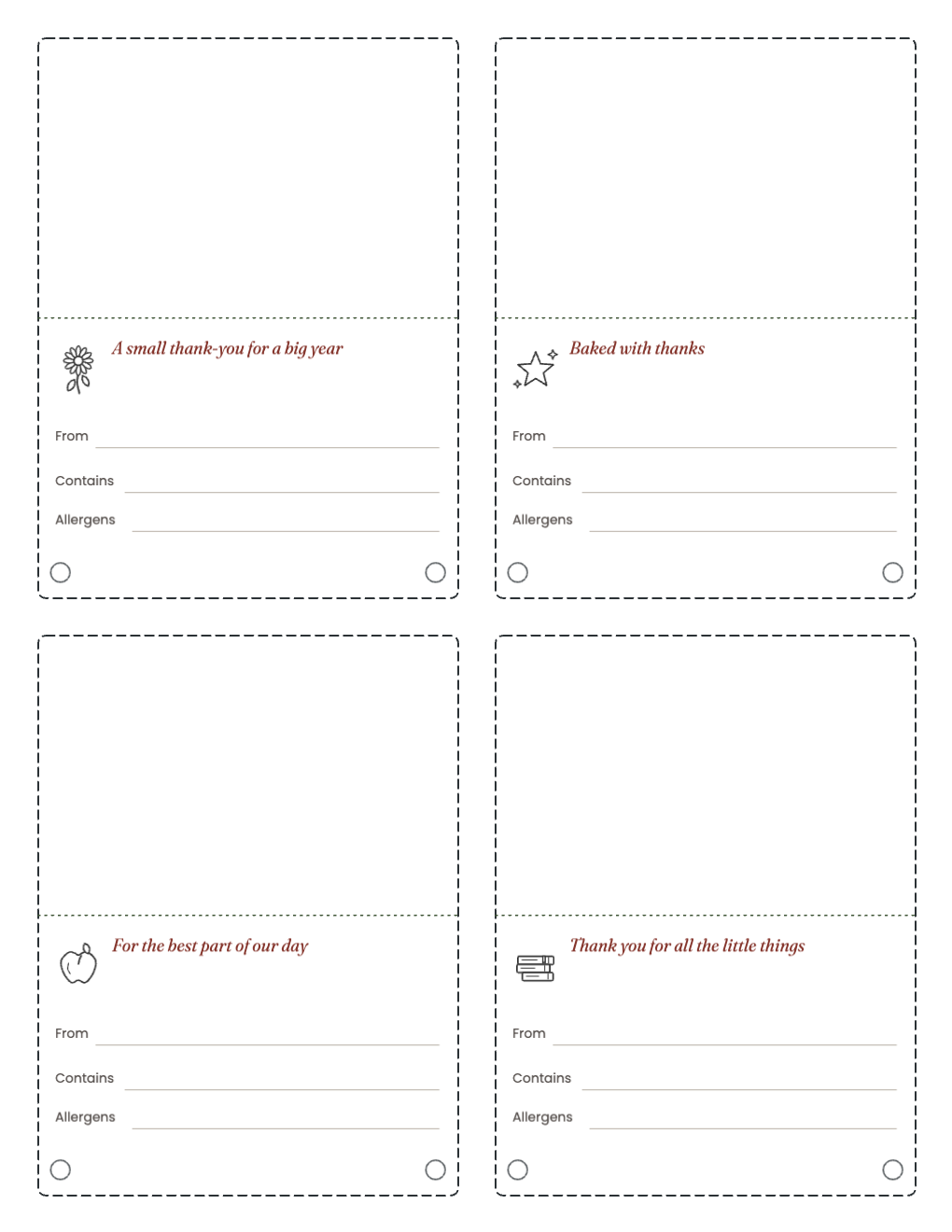 Four bag toppers for 3–4 in bags with From, Contains and Allergens lines