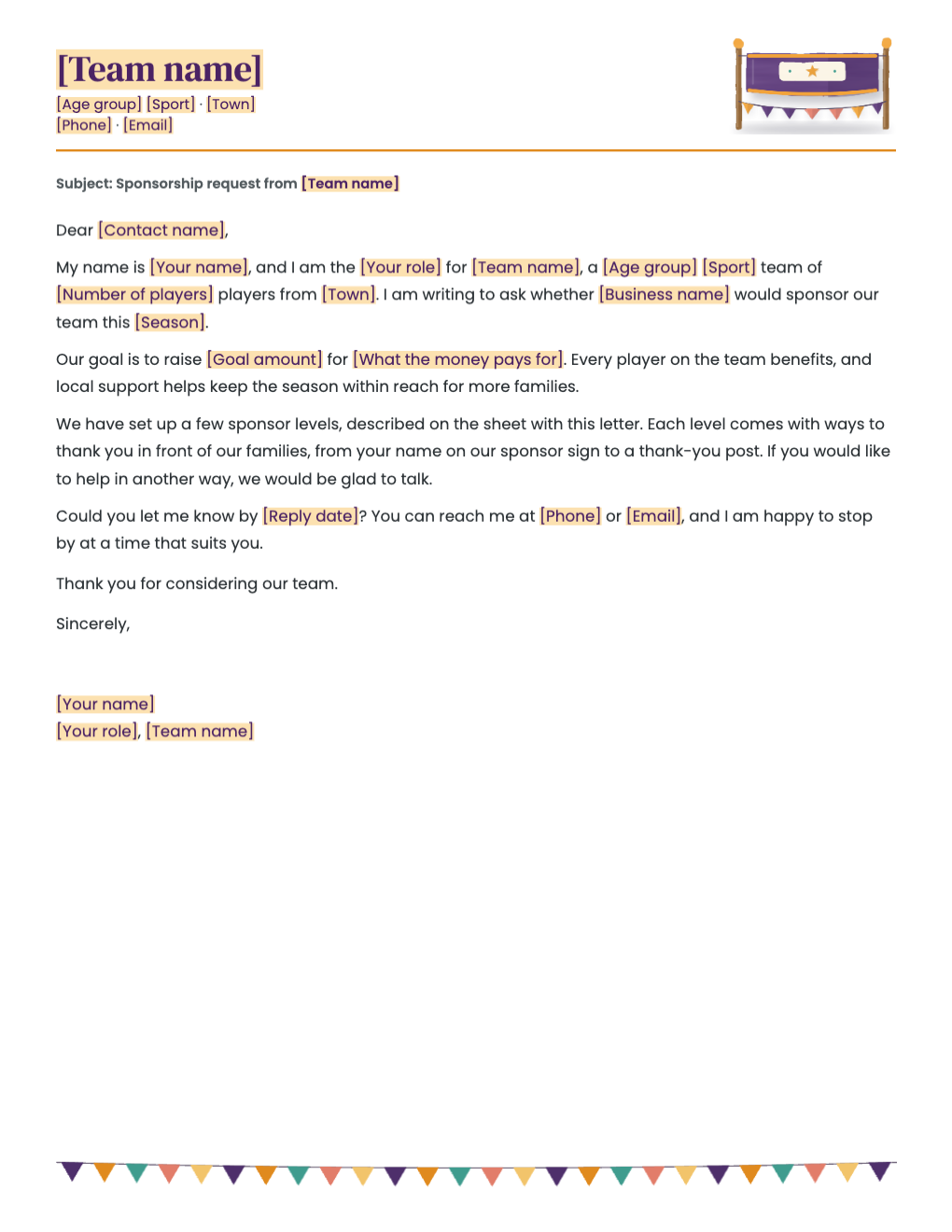 A sponsorship request letter to a local business with a team letterhead, a subject line, four short paragraphs and a signature, its team details marked as tinted placeholders