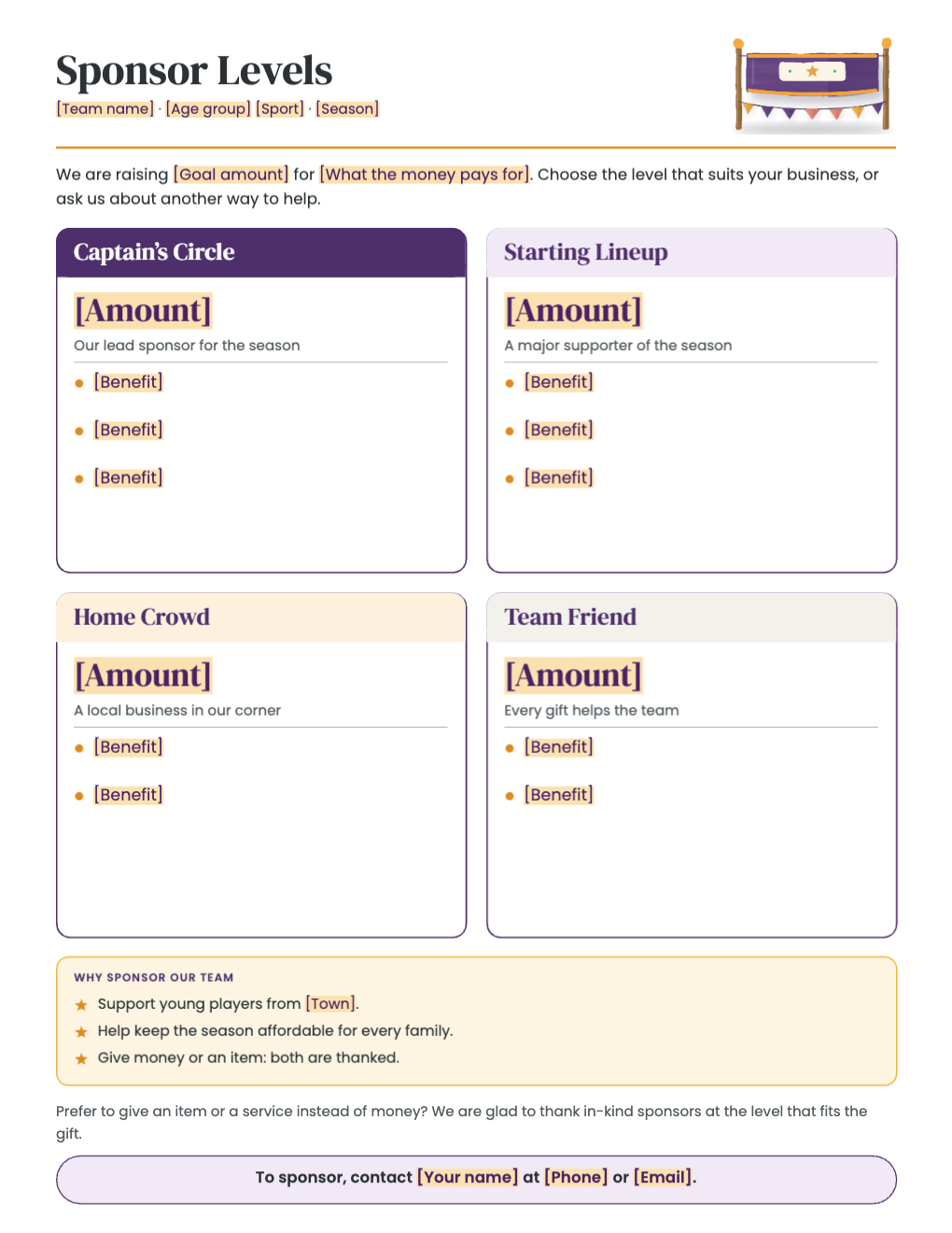 Sponsor Levels sheet with four level cards (Captain’s Circle, Starting Lineup, Home Crowd, Team Friend), each with an amount and thank-yous to fill in, and a contact band