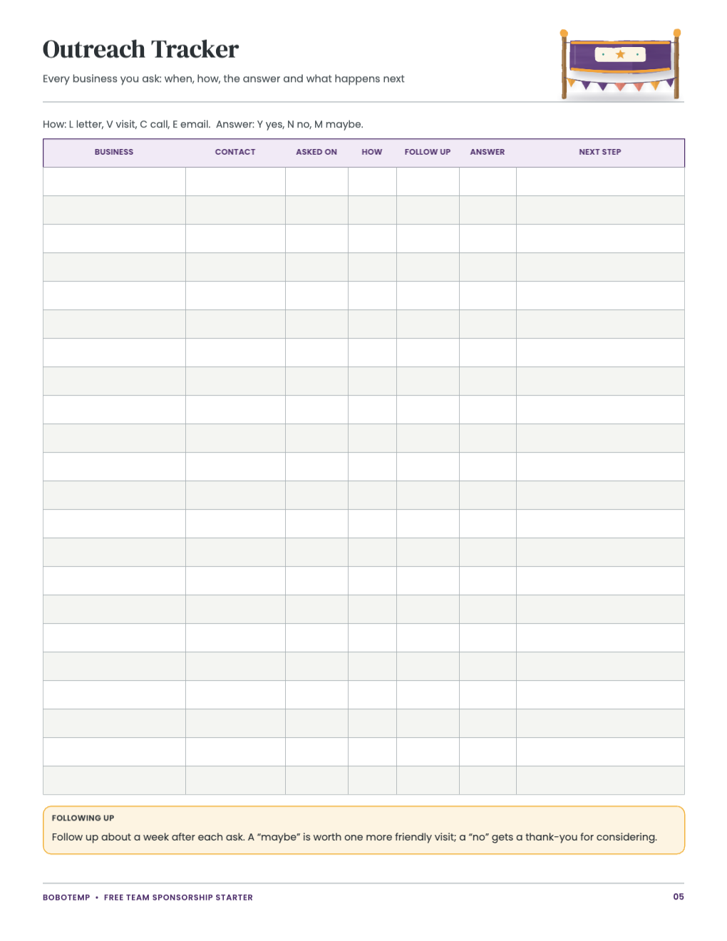 Outreach tracker table with columns for business, contact, date asked, how, follow-up, answer and next step, and a following-up tip