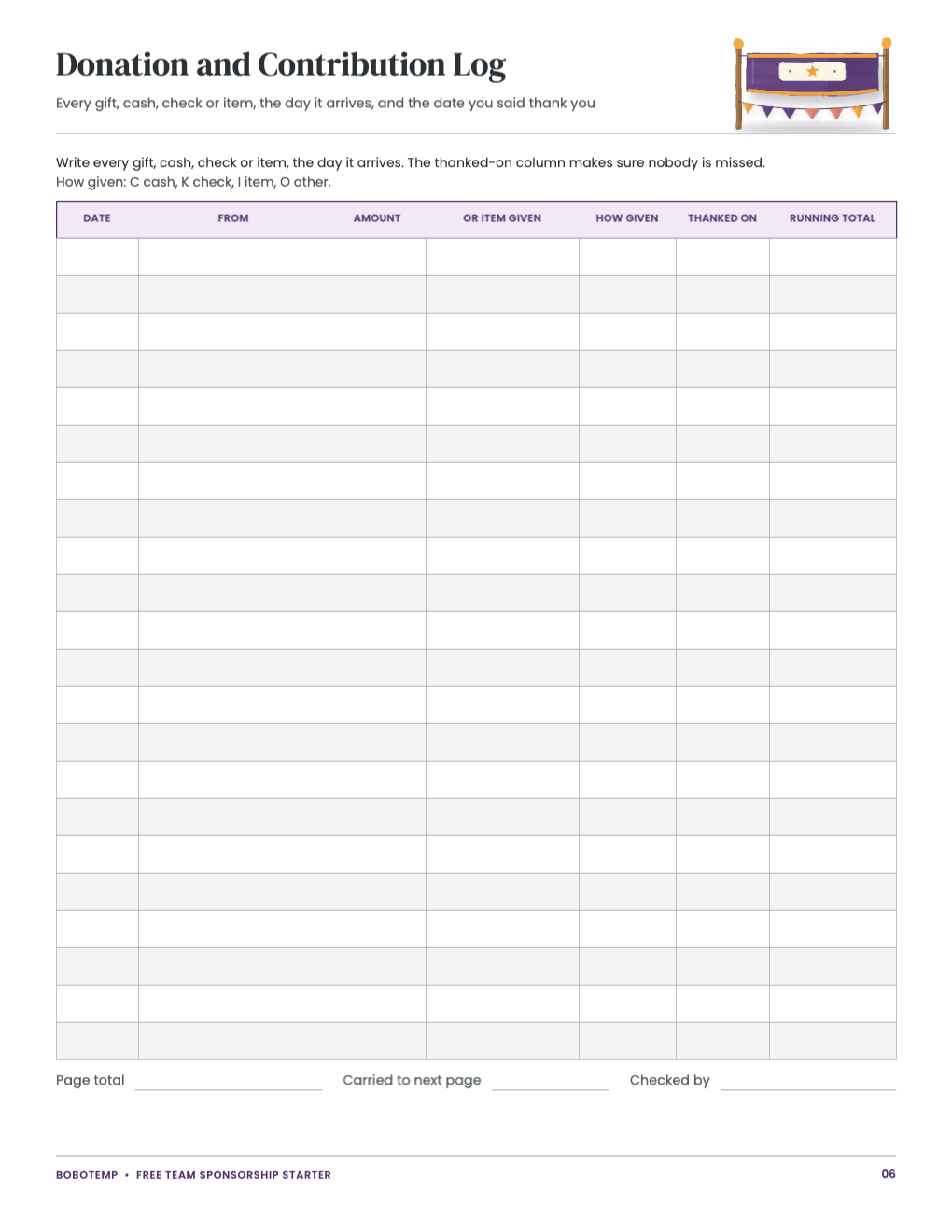 Donation and contribution log table with columns for date, giver, amount or item, how given, date thanked and running total