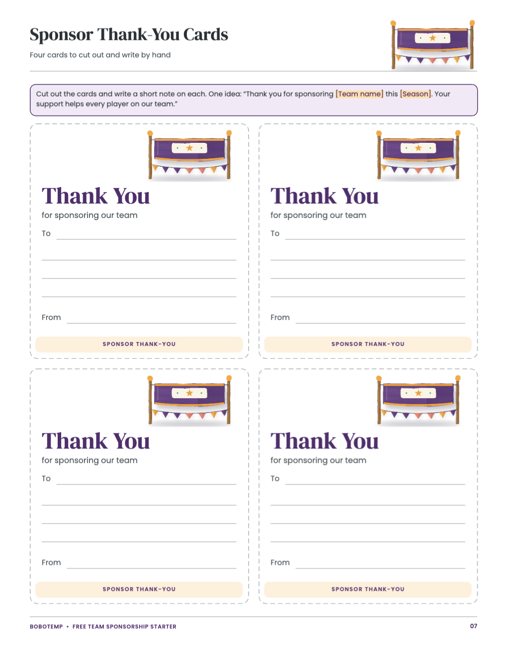 Four sponsor thank-you cards to cut out, each with a painted banner, a “Thank You” heading and lines to write a note