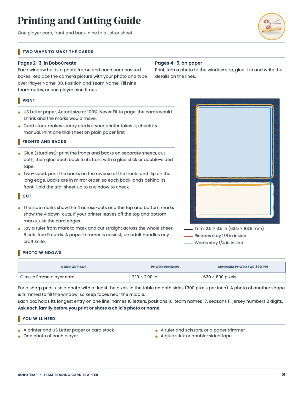 Printing and cutting guide: two ways to make the cards, print settings, gluing or two-sided printing, cutting on the marks, the card at actual size with its safe areas, and the photo window size