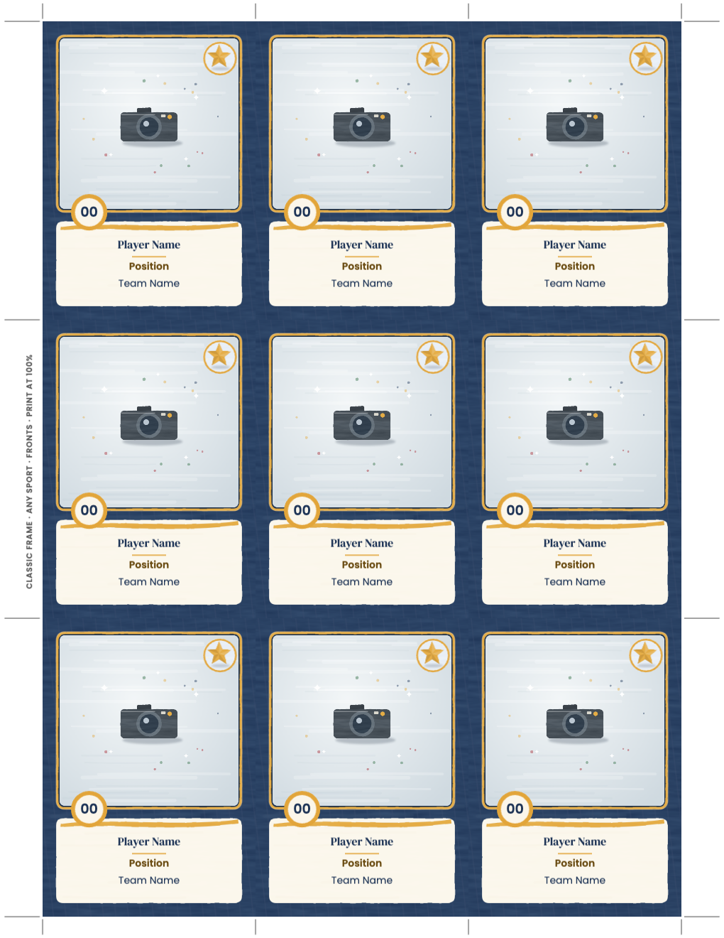 Nine Classic Frame card fronts on a Letter sheet, each with a navy border, a painted camera in the photo window, a gold number disc, a star badge and the words Player Name, Position and Team Name to replace