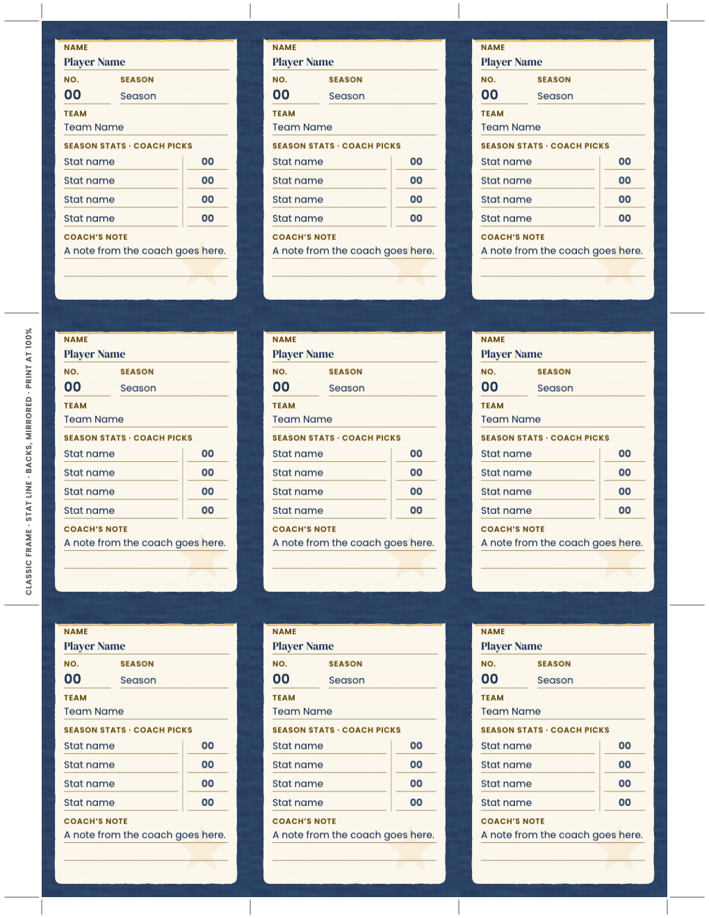 Nine matching card backs in mirror order, each with name, number, season and team lines, a four-row season stats table the coach fills in and a coach’s note