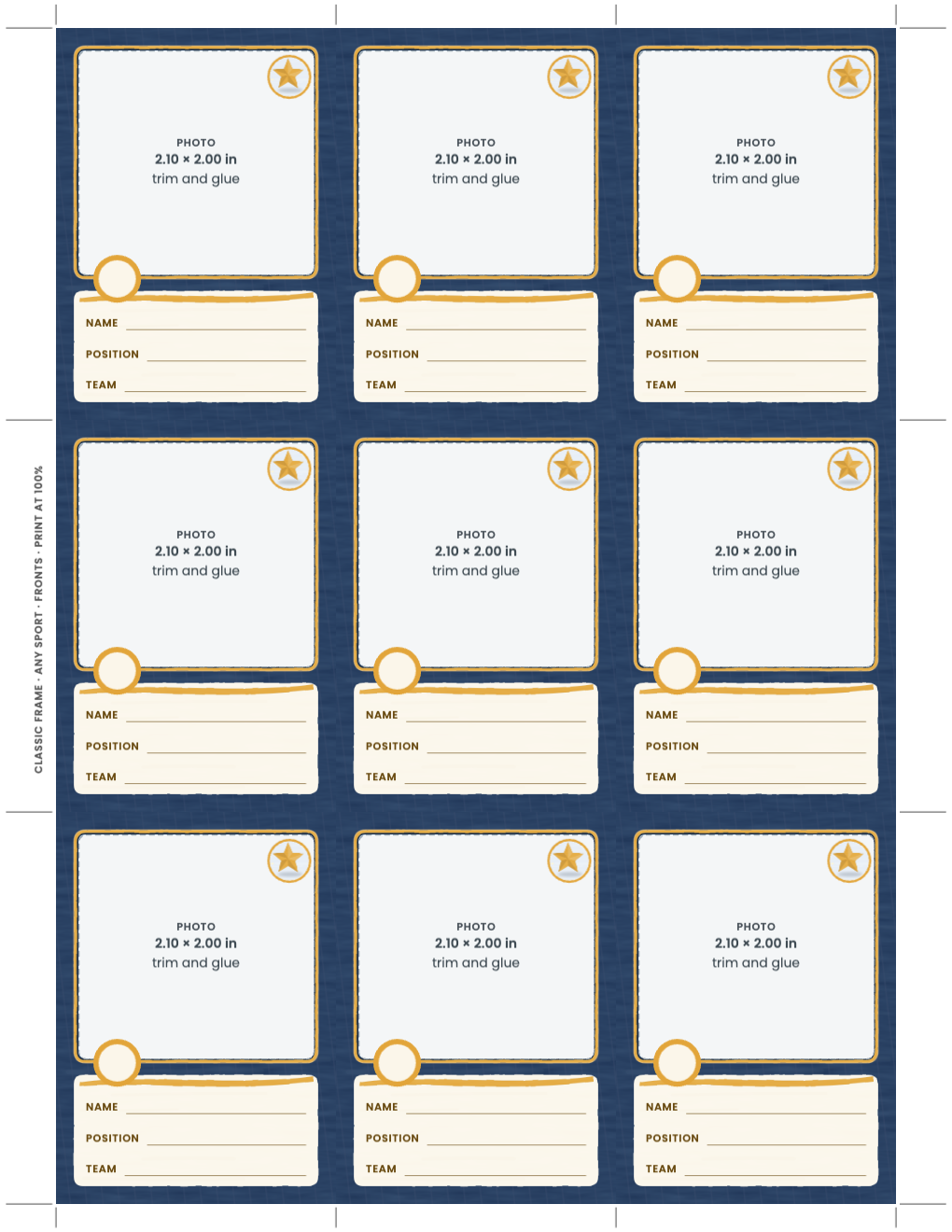 The same nine card fronts as print-and-write cards: an empty photo window labelled 2.10 × 2.00 in, trim and glue, and write-in lines for name, position and team
