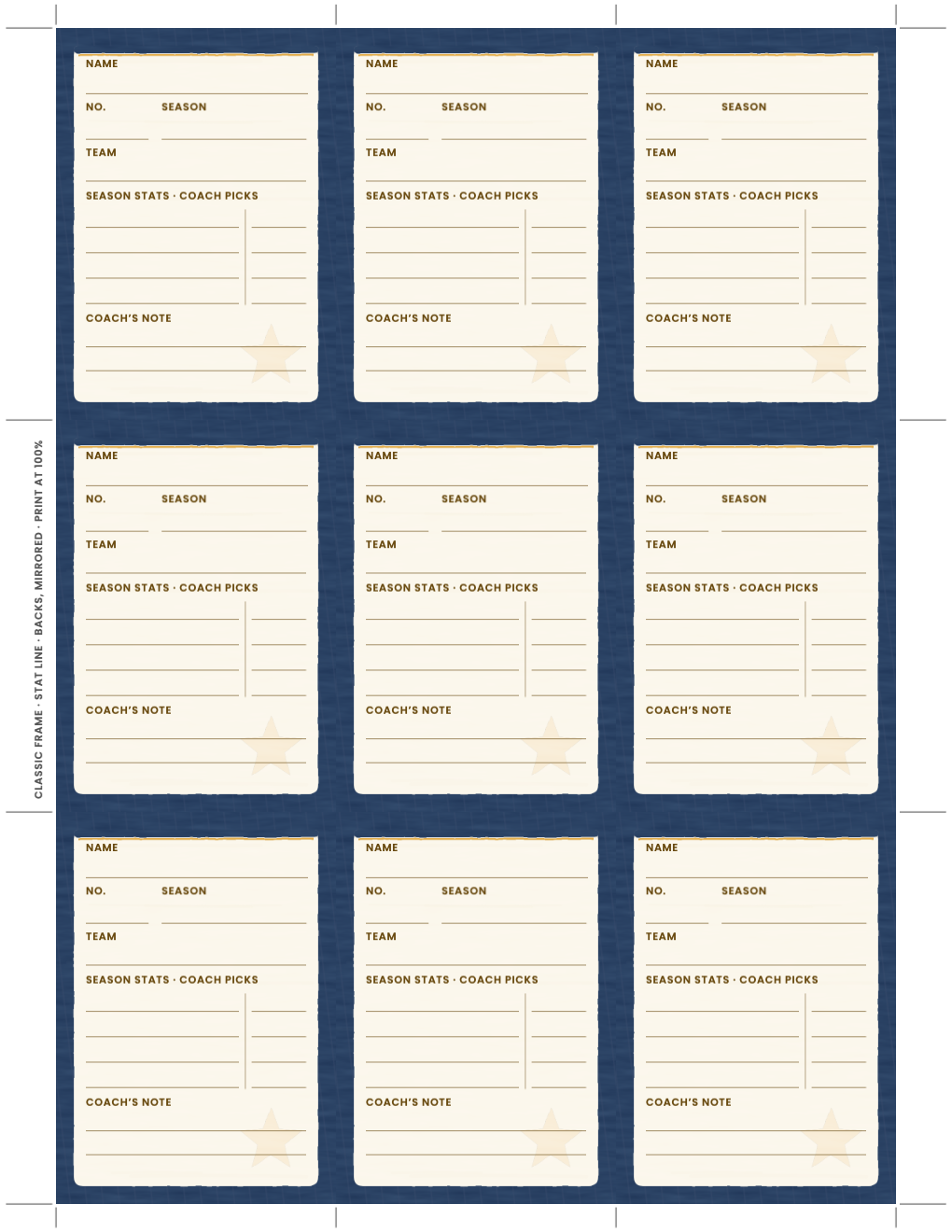 The nine print-and-write card backs with write-in lines for the name, number, season, team, the coach’s stats and a note