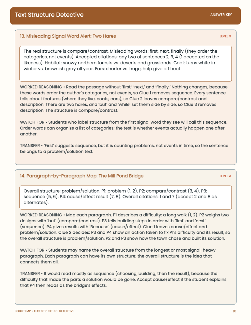 Text Structure Detective worked answer page