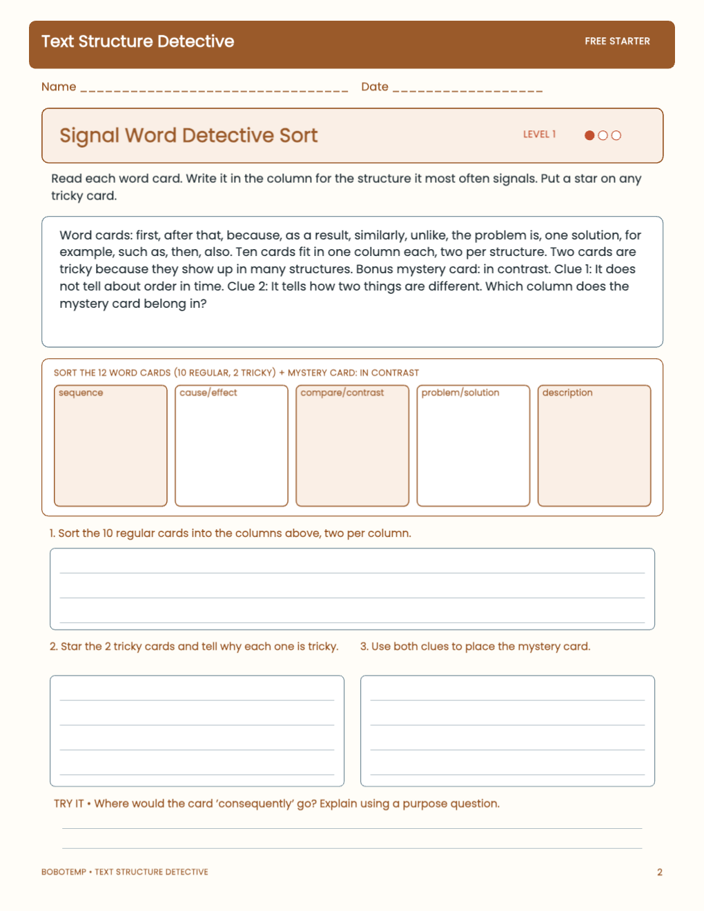 Text Structure Detective free activity page 1