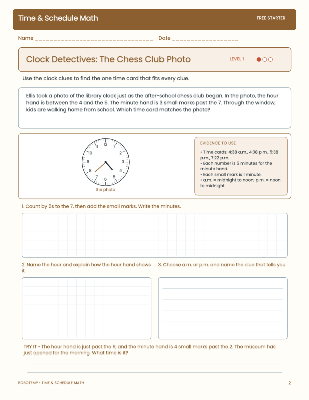 Time & Schedule Math free activity page 1