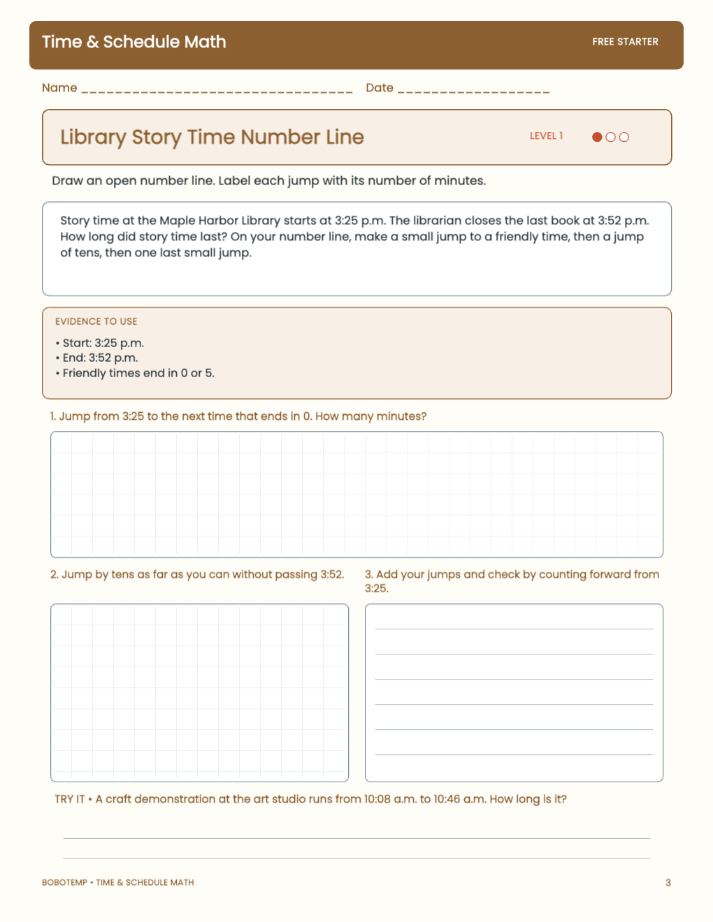 Time & Schedule Math free activity page 2