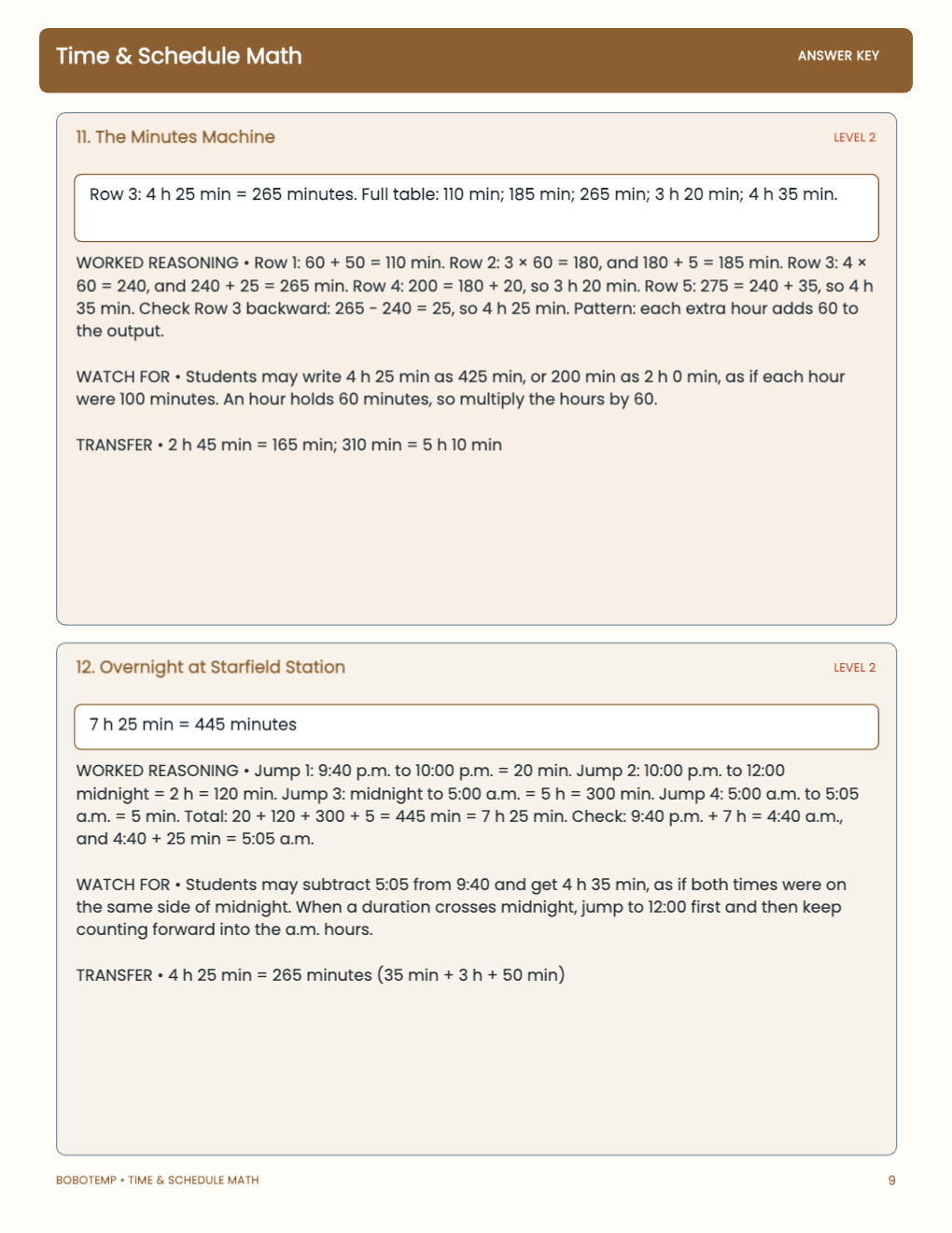 Time & Schedule Math worked answer page