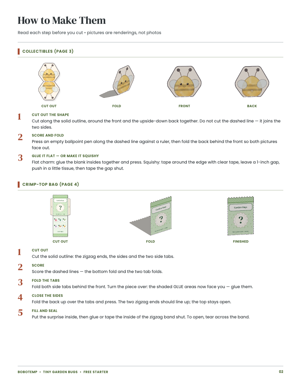 Pictured steps (renderings) for making the collectible and the bag