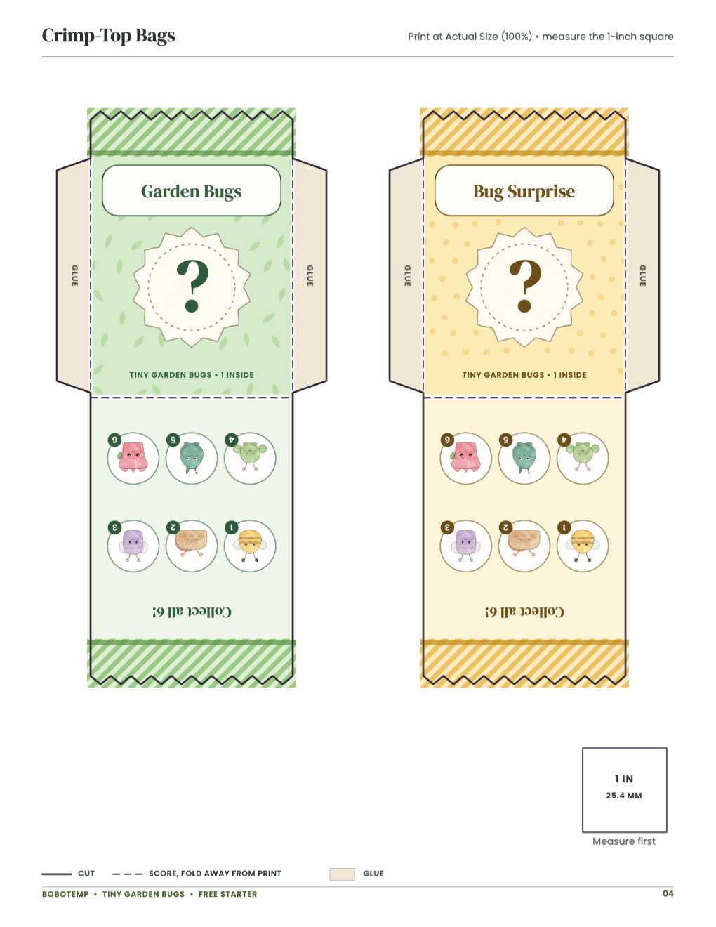 Crimp-Top Bags: bag templates with cut, score and glue lines and a 1-inch square