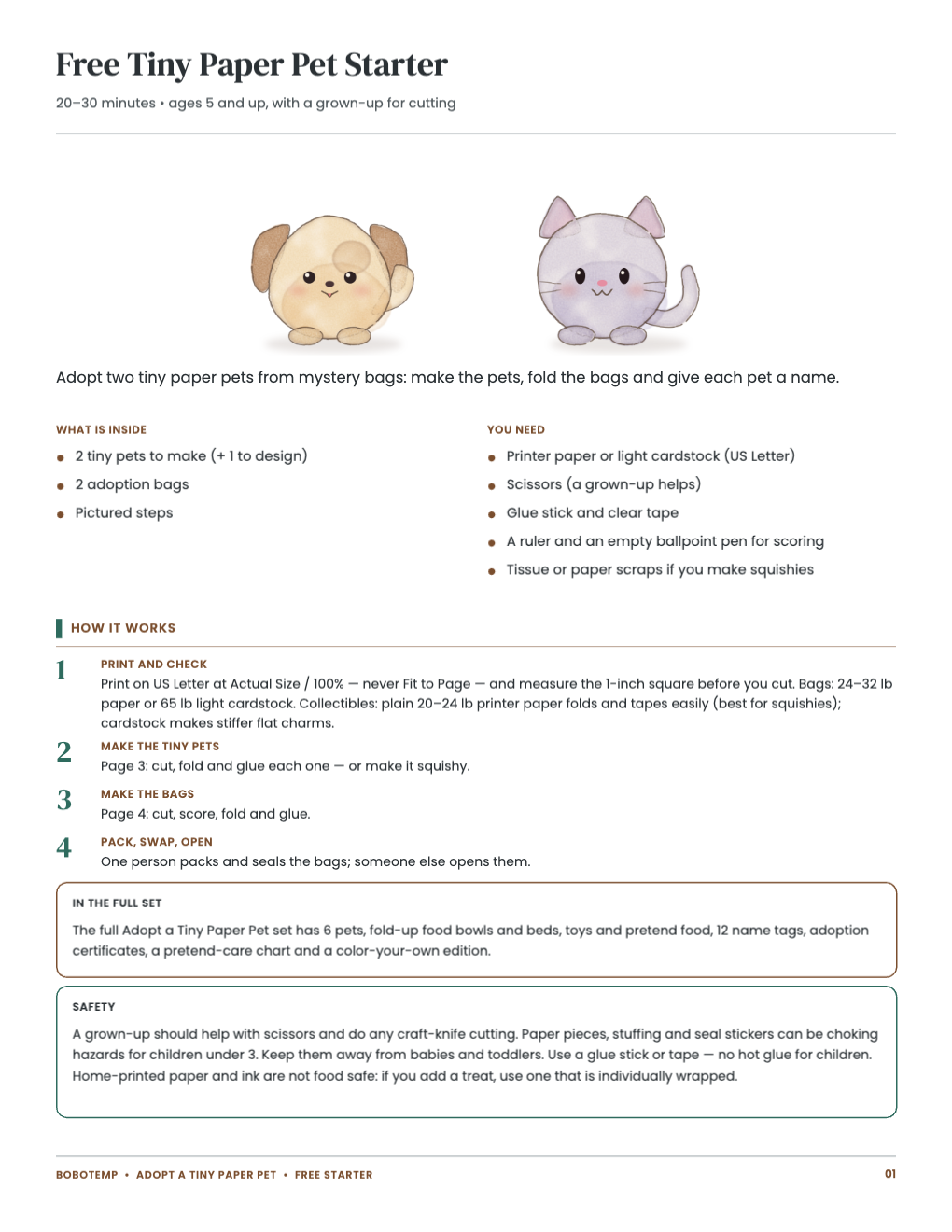 Free Tiny Paper Pet Starter guide: what is inside, the steps and safety notes