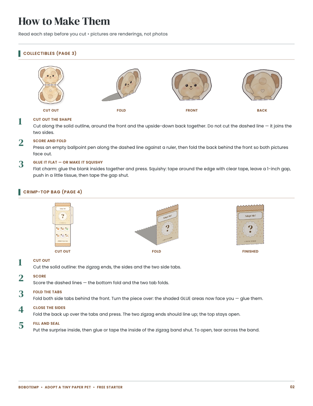 Pictured steps (renderings) for making the collectible and the bag