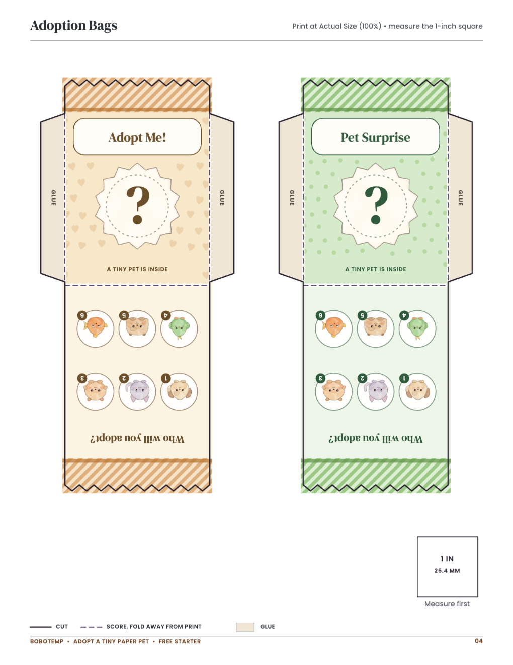Adoption Bags: bag templates with cut, score and glue lines and a 1-inch square