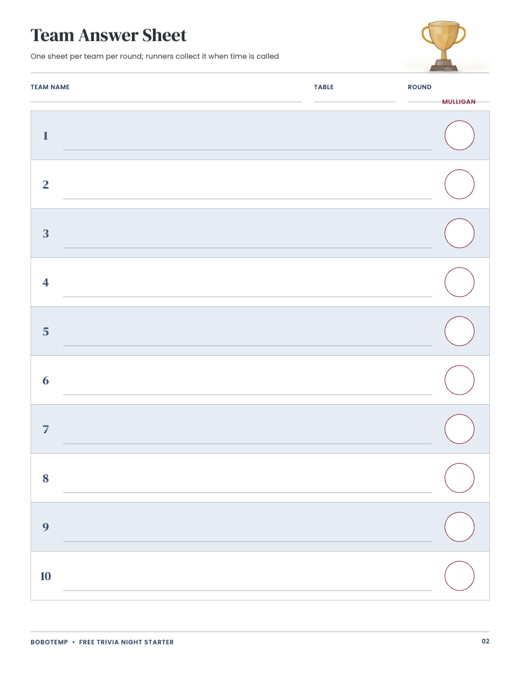 Team answer sheet with ten answer lines and mulligan sticker spots