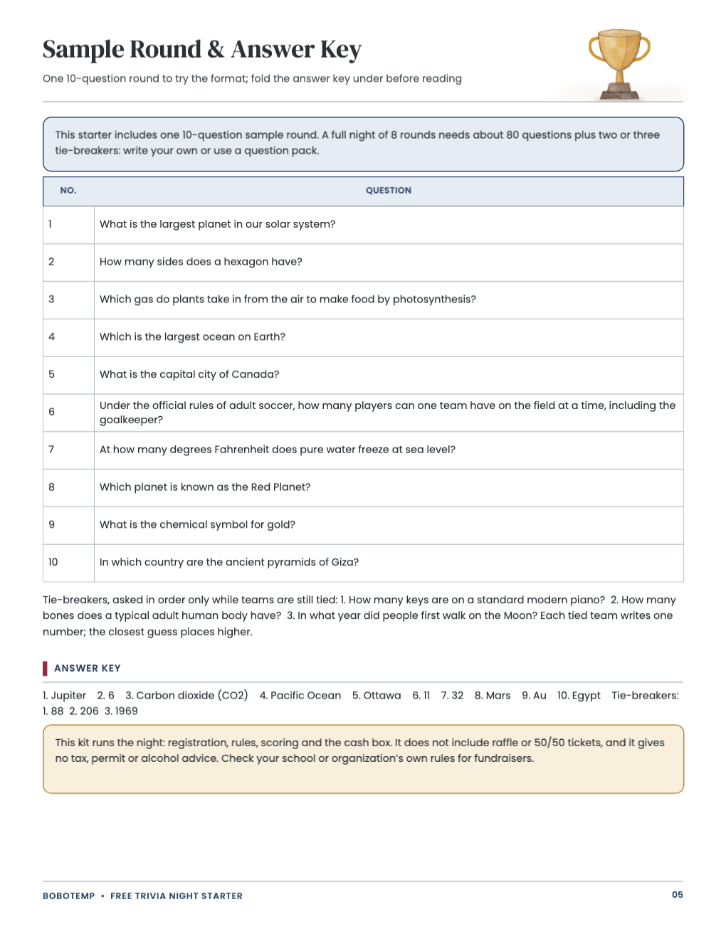 Sample round of ten questions with a tie-breaker and answer key