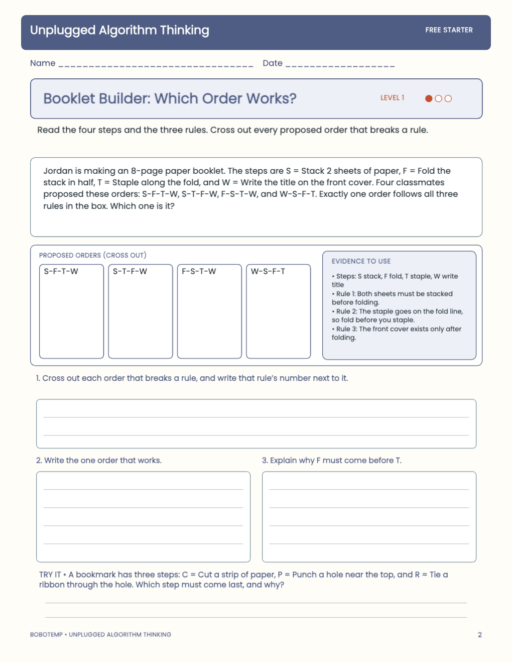 Unplugged Algorithm Thinking free activity page 1