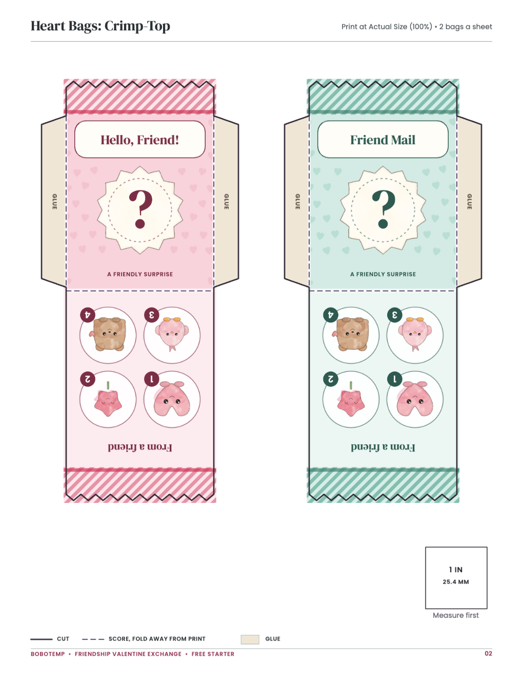 Heart Bags: Crimp-Top: bag templates with cut, score and glue lines and a 1-inch square
