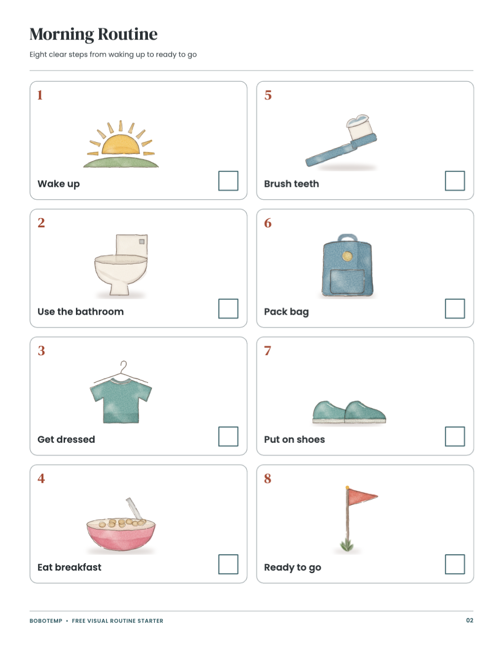 Morning routine chart with eight painted steps