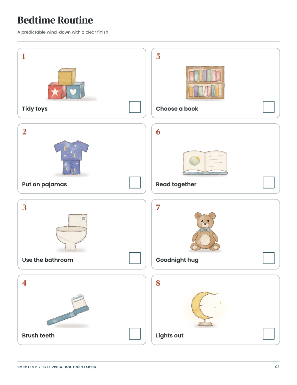 Bedtime routine chart with eight painted steps