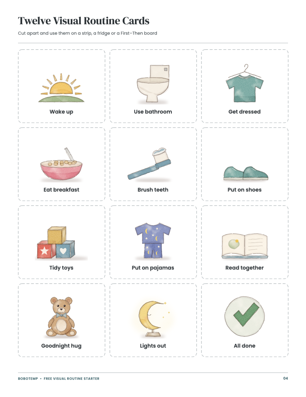 Twelve cut-apart visual routine cards with painted pictures