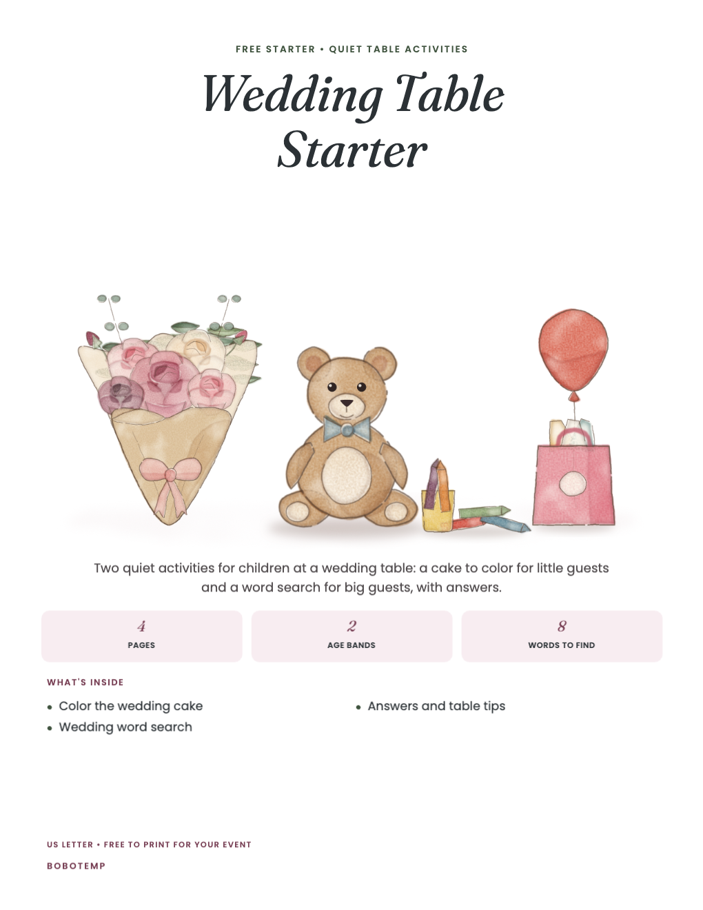 Wedding table starter cover with a painted bouquet, teddy bear, crayons and a party bag