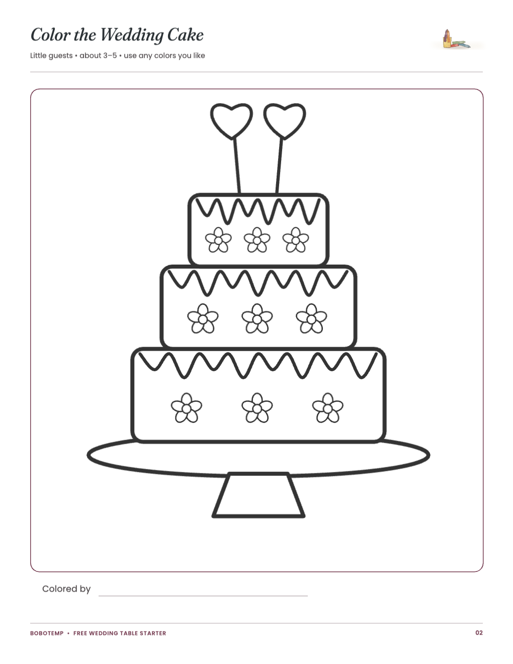 Wedding cake coloring page for children about 3 to 5