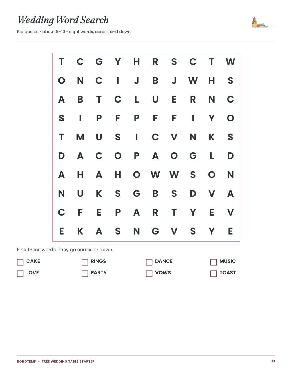 Wedding word search with eight words for children about 6 to 10