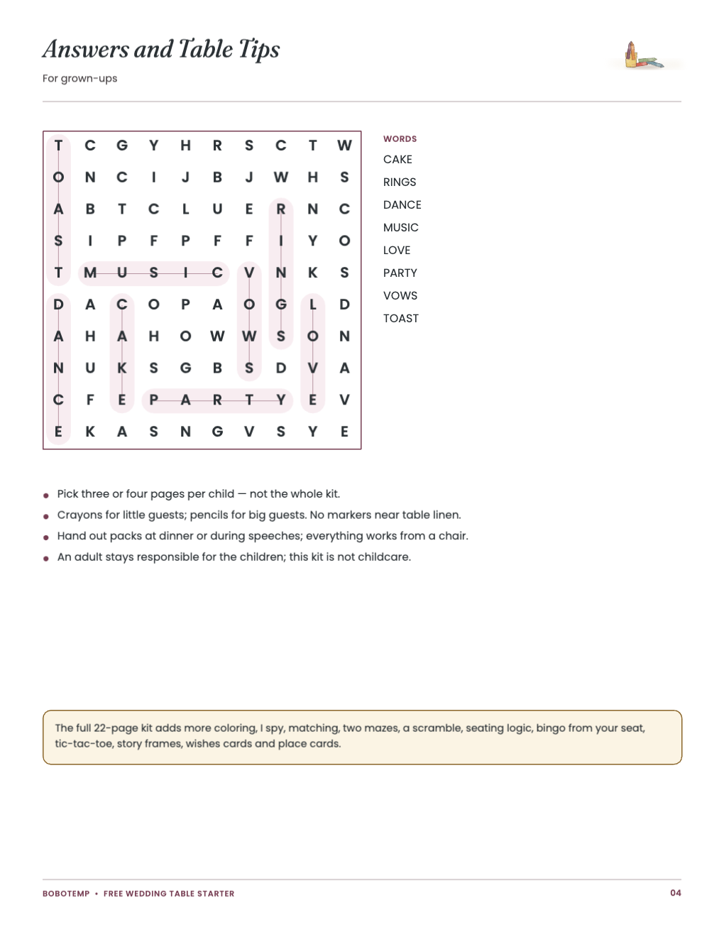 Word search answers and quiet table tips for grown-ups