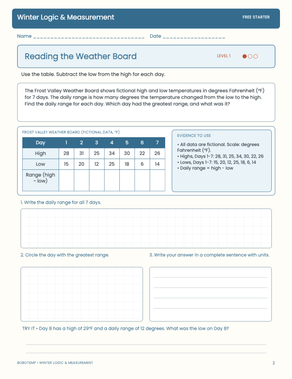 Winter Logic & Measurement free activity page 1