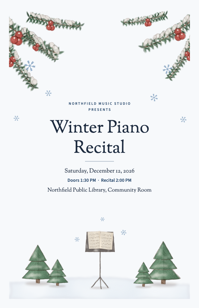 Winter recital program cover with snowy pine boughs and a music stand in the snow
